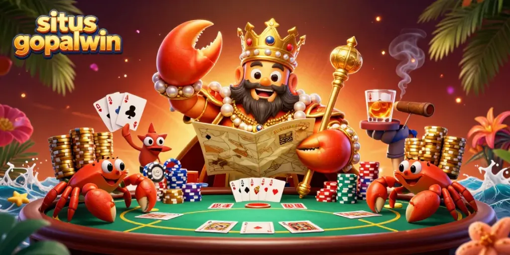 Experience the excitement with situs gopalwin's vibrant casino-themed illustration featuring card games, chips, and a golden crab emperor.