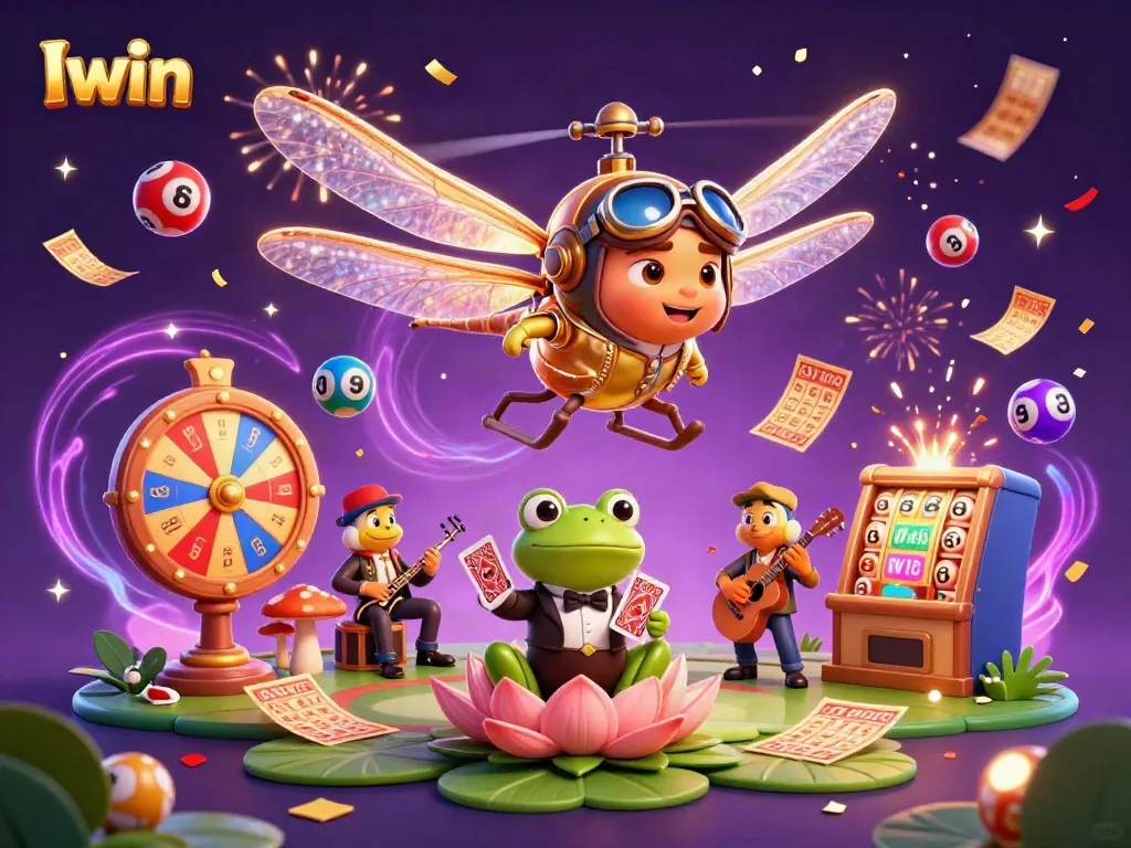 Engage with Iwin's vibrant casino scene featuring a dragonfly pilot and frog croupier.