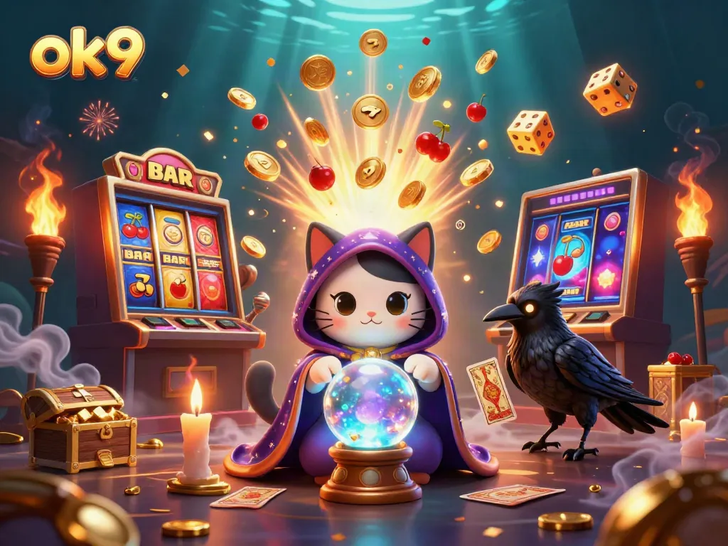 Experience thrilling wins at ok9 with vibrant casino imagery showcasing dynamic slot machines and mystical characters.