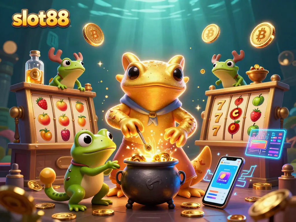 Permainan slot88 dengan karakter alkemis dan elemen kasino yang penuh warna.