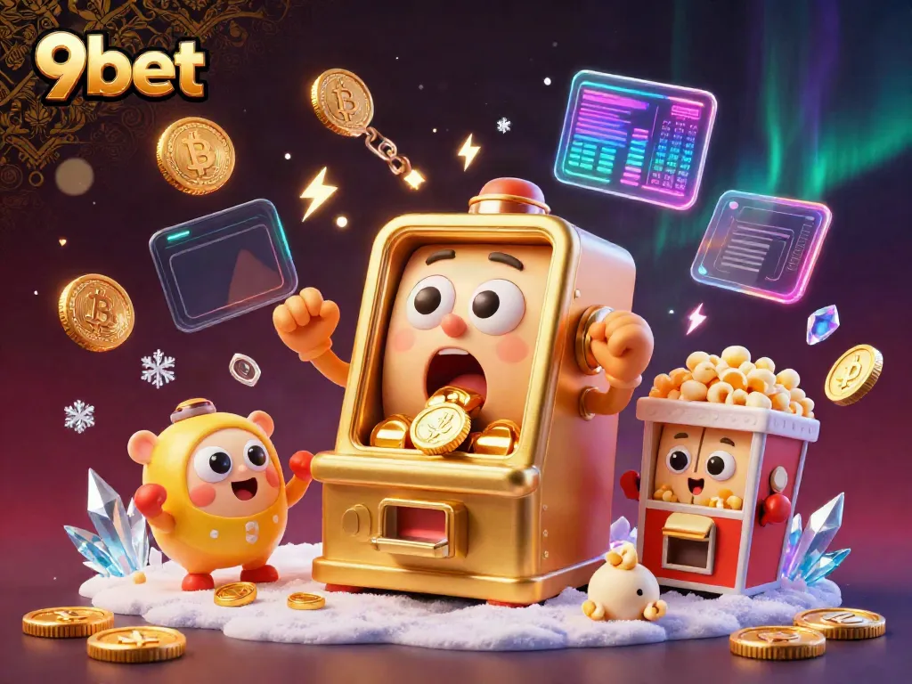 Experience the excitement at 9bet with a golden slot machine celebrating its jackpot amid vibrant crypto elements.