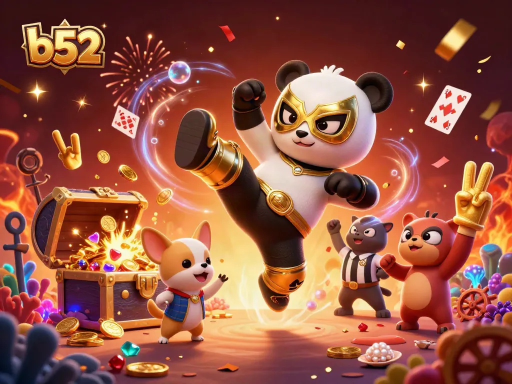 B52 enthusiasts enjoy an exciting animated scene with a wrestling panda and playful animals cheering.