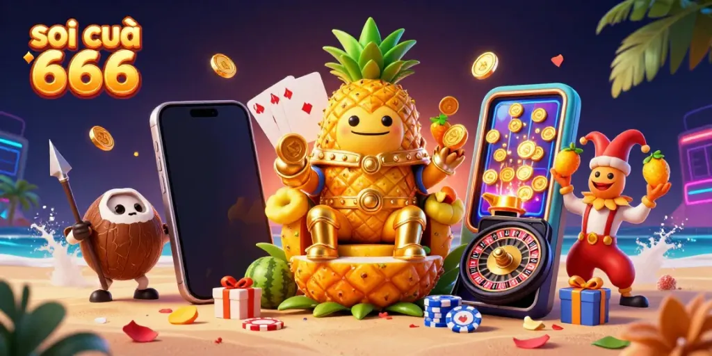 Soi cầu 666 scene with a golden pineapple king and casino elements showcasing thrilling lottery action.