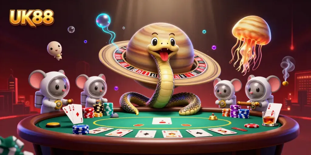 Experience dynamic gaming action at UK88 with vibrant characters and a cosmic casino theme.