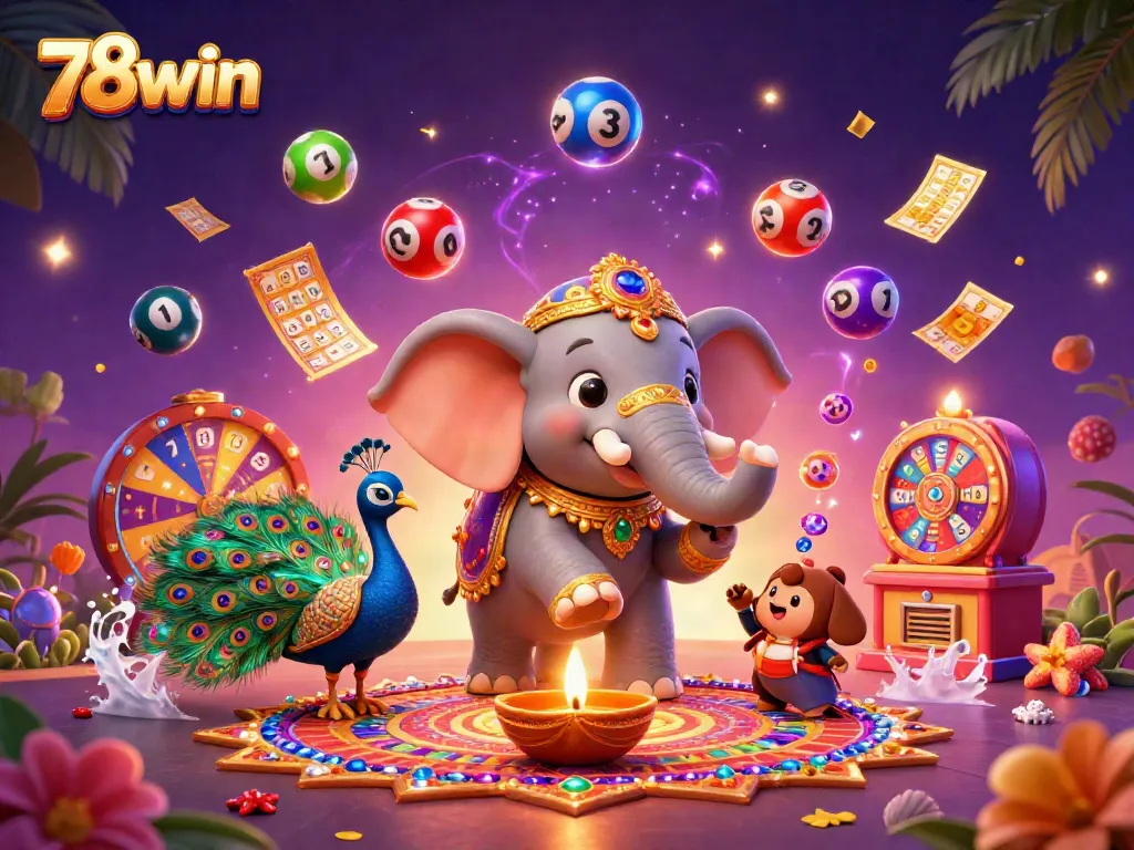 Join the excitement of 78win with colorful lottery balls and vibrant casino elements in this dynamic illustration.
