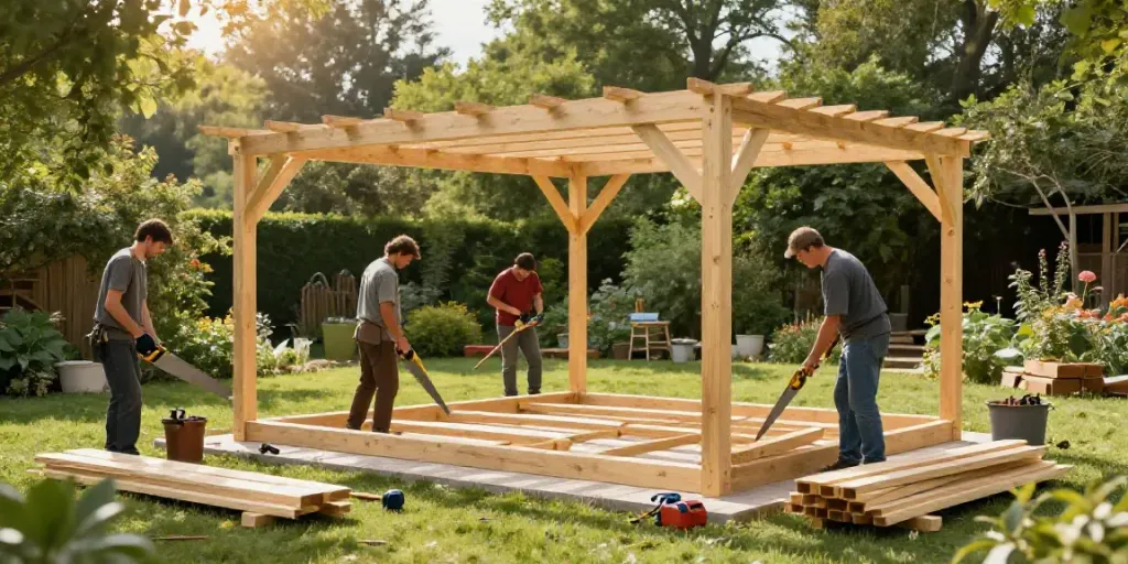 kayu77 construction team assembling a wooden gazebo in a sunny garden
