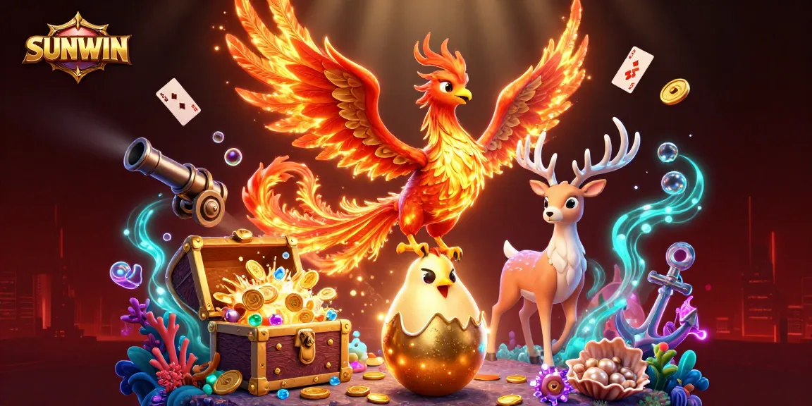 SUNWIN offers thrilling gaming experiences, with vibrant illustrations of a phoenix, gold coins, and dynamic casino elements.