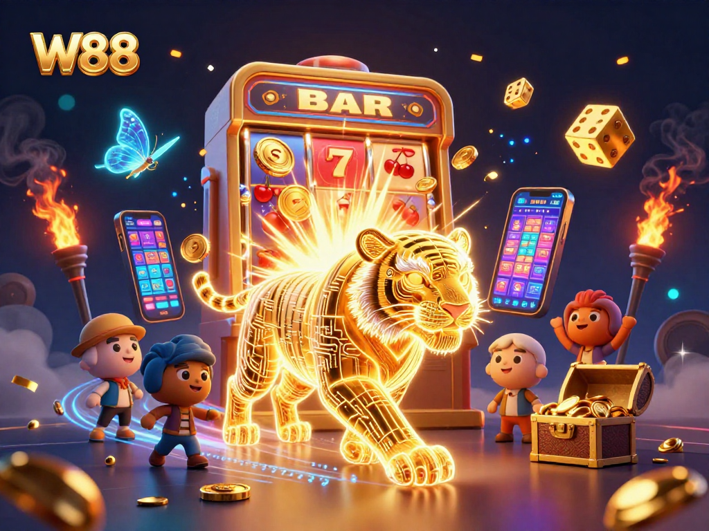 Experience the thrilling W88 casino with a neon-wireframe golden tiger in a vibrant digital landscape.