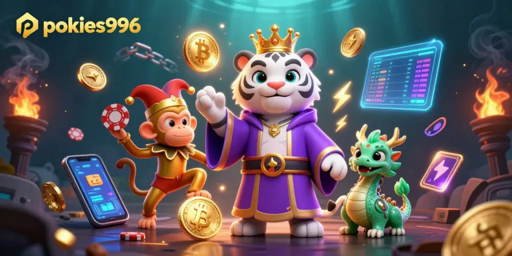Spinning pokies996 slots with a royal tiger, playful monkey, and jade dragon in a dynamic casino scene.