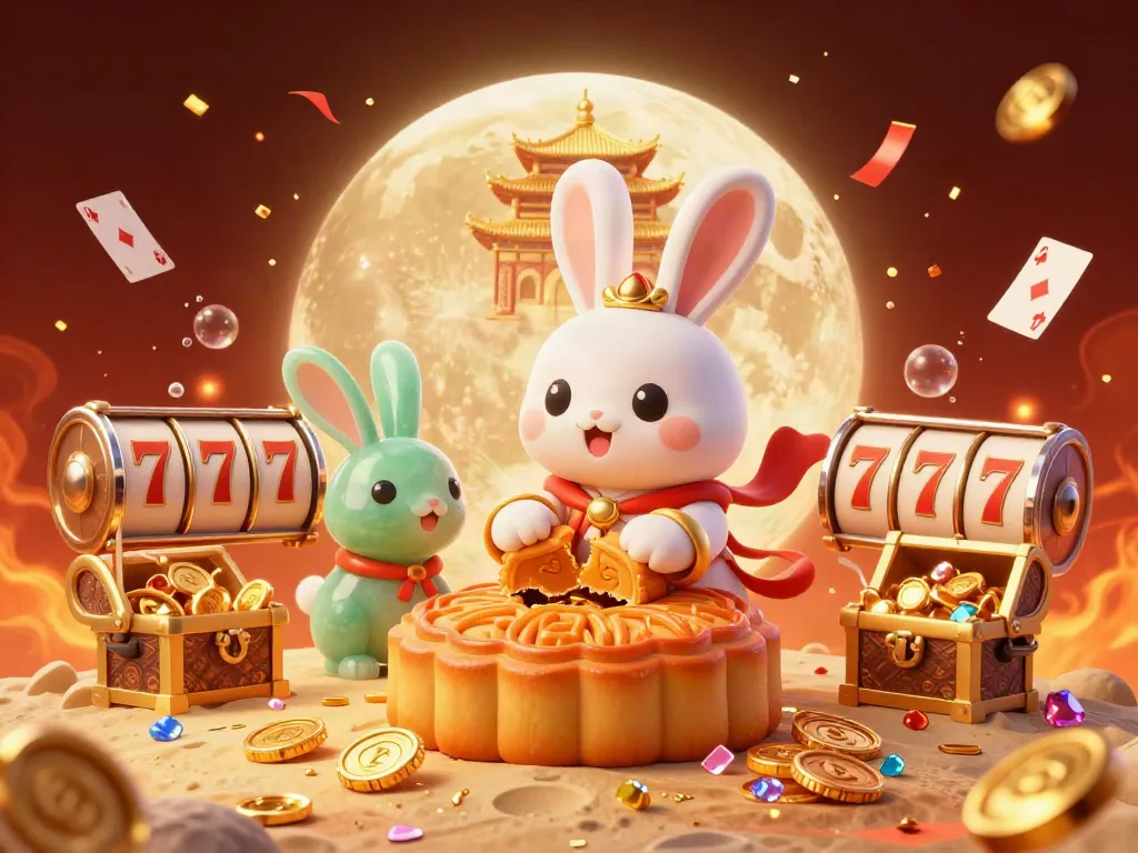 Experience the thrilling 123 b gaming scene with a whimsical moon rabbit and casino elements amid festive celebration.