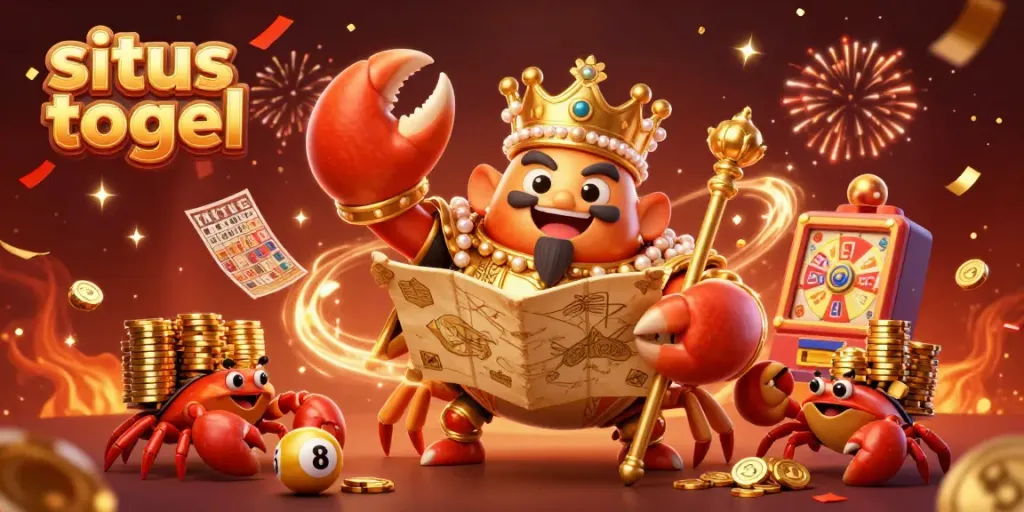 Melihat situs togel lengkap dengan pemandangan karakter kepiting emas raksasa dan elemen permainan lotere yang berwarna.