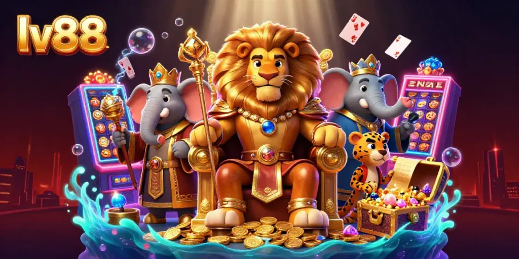 Engage with LV88's casino adventures featuring a lion king, elephant, and cheetah in an extravagant setting.