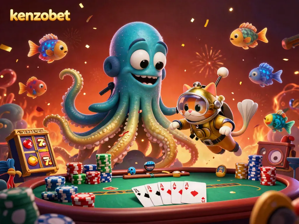 Engage with kenzobet's vibrant gambling scene featuring a kraken, diving cat, and excitement-filled visuals.