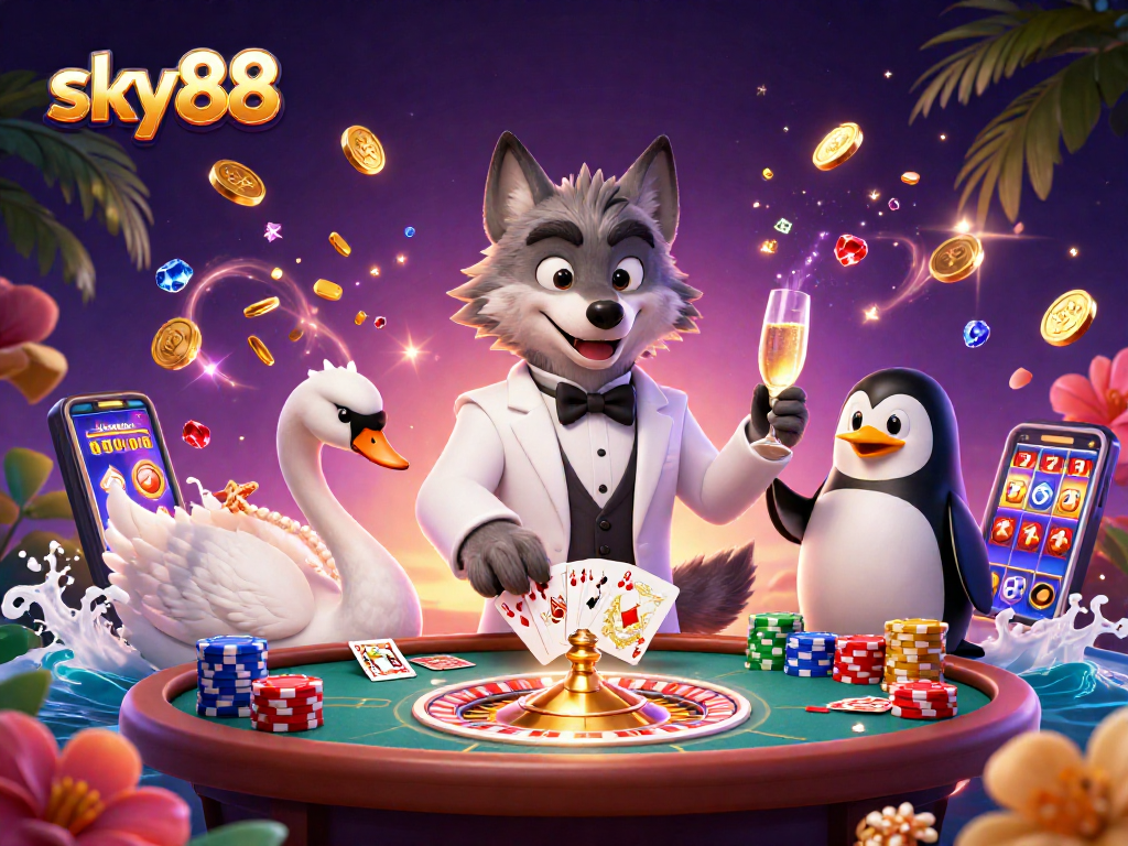 Engage effectively with sky88 through a vibrant casino scene featuring a debonair wolf and elegant characters.