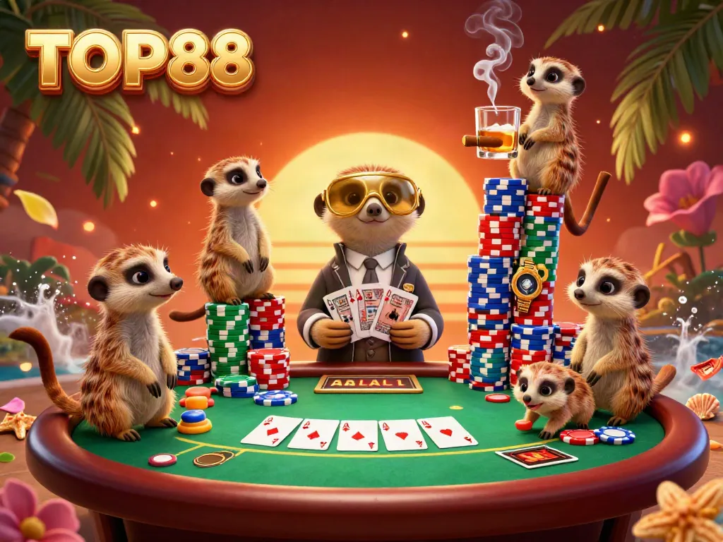 TOP88 meerkats manage an exciting casino operation with poker chips and dynamic gaming elements.