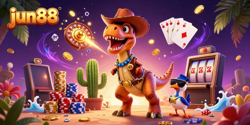 Engaging illustration of jun88 casino with T-Rex, cactus, and roadrunner amidst gold coins and game elements.