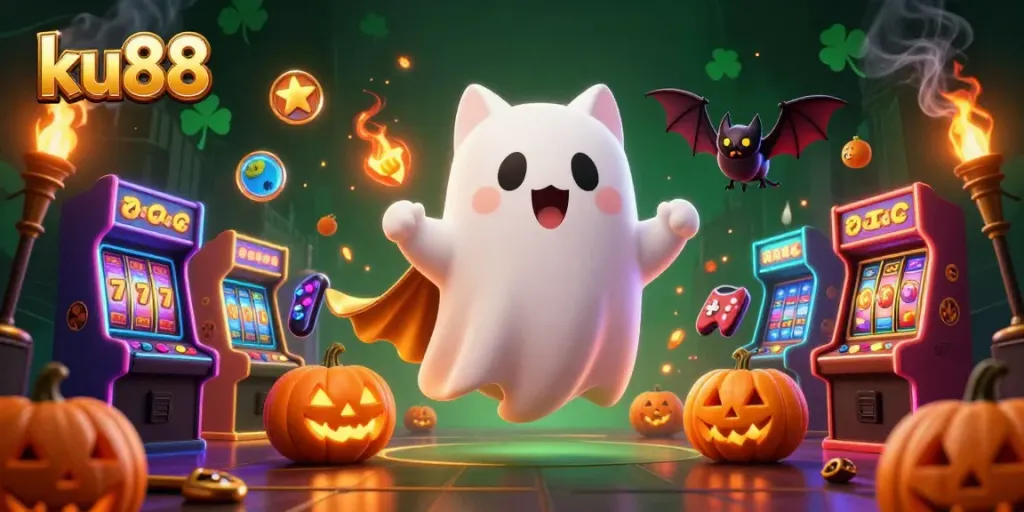 Experience the excitement of ku88 with a playful ghost cat and vibrant casino elements.