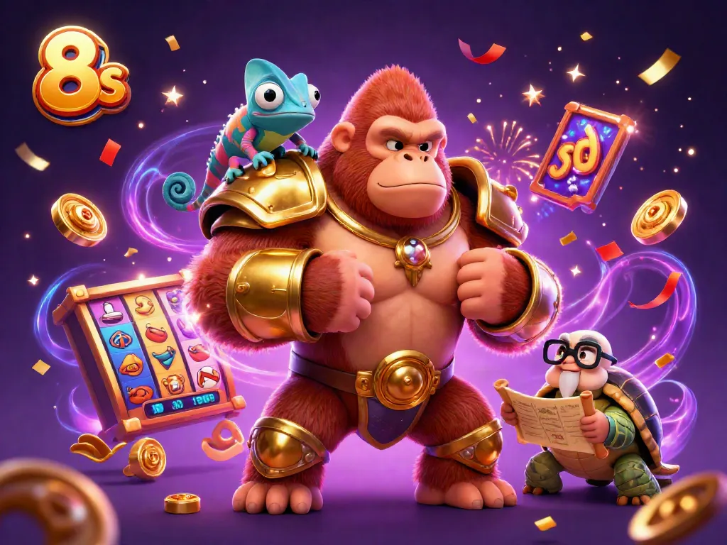 Engage in thrilling gameplay at 8s with vibrant slots, a powerful gorilla, and dynamic game elements.