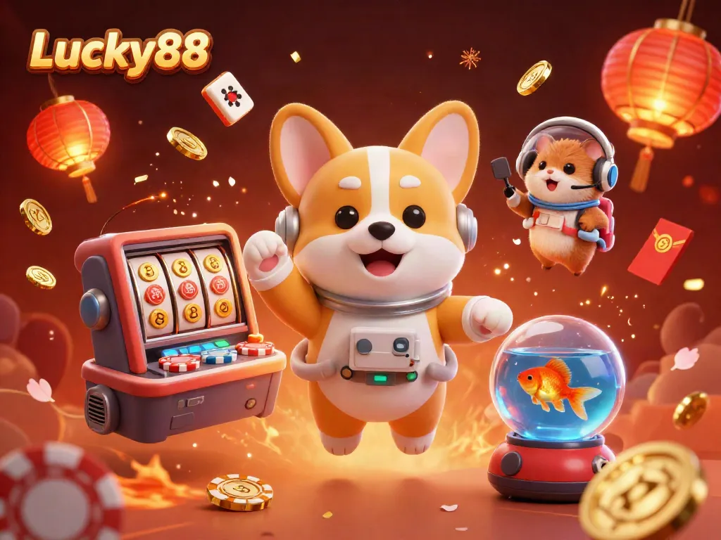 Engage in thrilling gameplay at Lucky88 with a vibrant 3D scene featuring a corgi in a space casino.