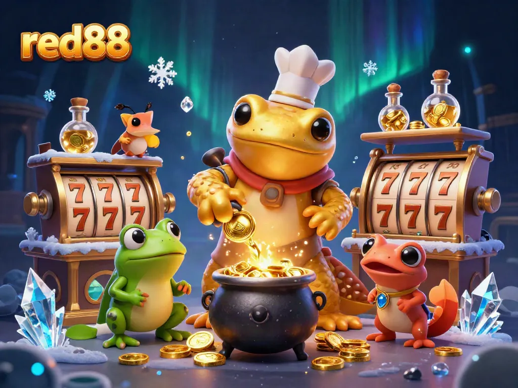 Engage with red88 through a vibrant 3D casino scene filled with colorful slot elements and alchemic characters.