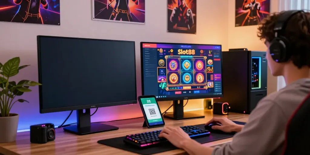 User playing slot88 online gaming platform on a modern desktop computer, highlighting vibrant graphics and seamless QRIS payment integration.