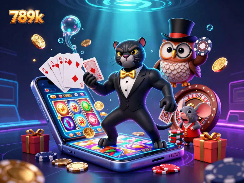 Engage with the vibrant 789k casino world featuring a stylish panther, owl, and lucky mouse in a dynamic setting.
