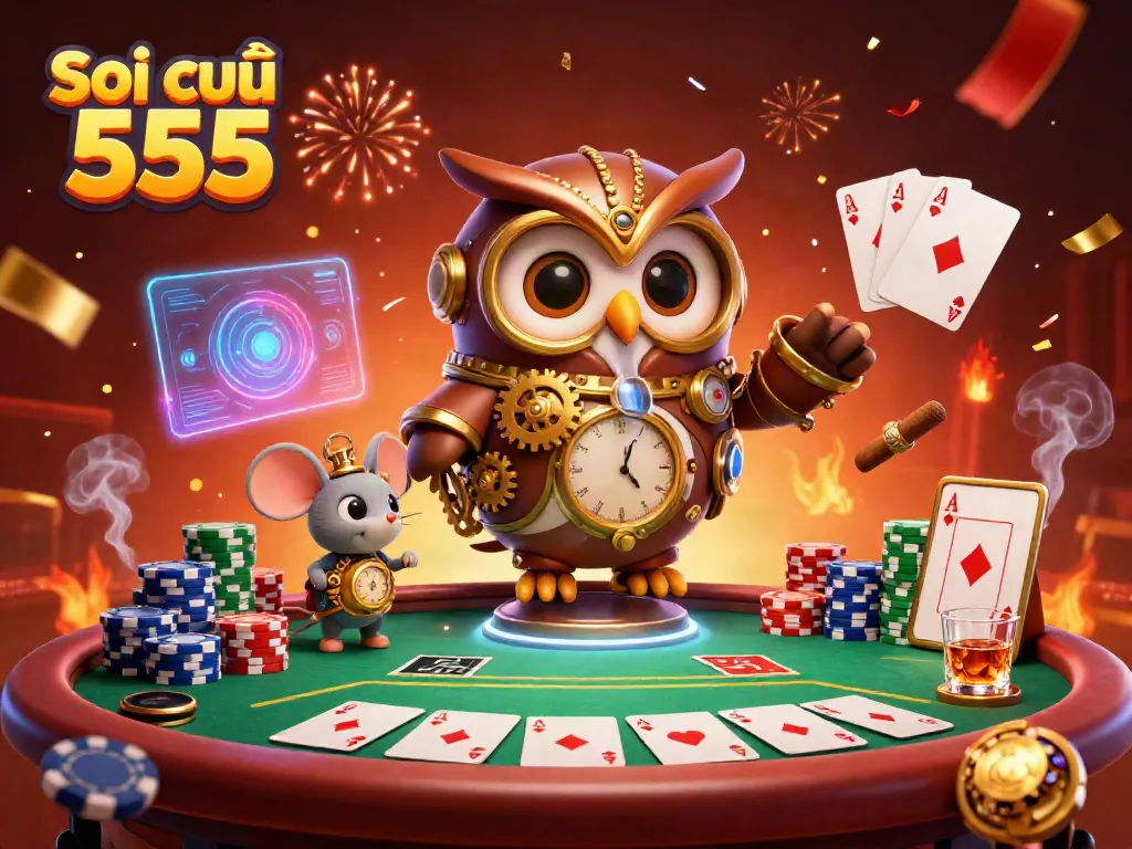 Soi cầu 555 combines a steampunk owl with Victorian casino elements, depicting dynamic energy and excitement.