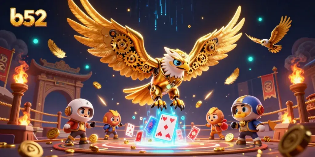 Engage with the thrilling b52 gaming experience featuring a cybernetic golden eagle amidst dynamic casino elements.