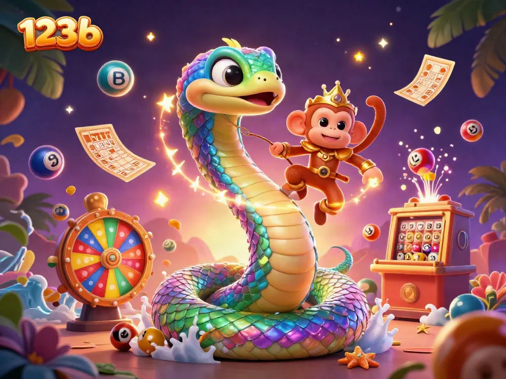 Experience the thrill of 123 b as the monkey king swings amidst a vibrant casino landscape filled with magical lottery dynamics.