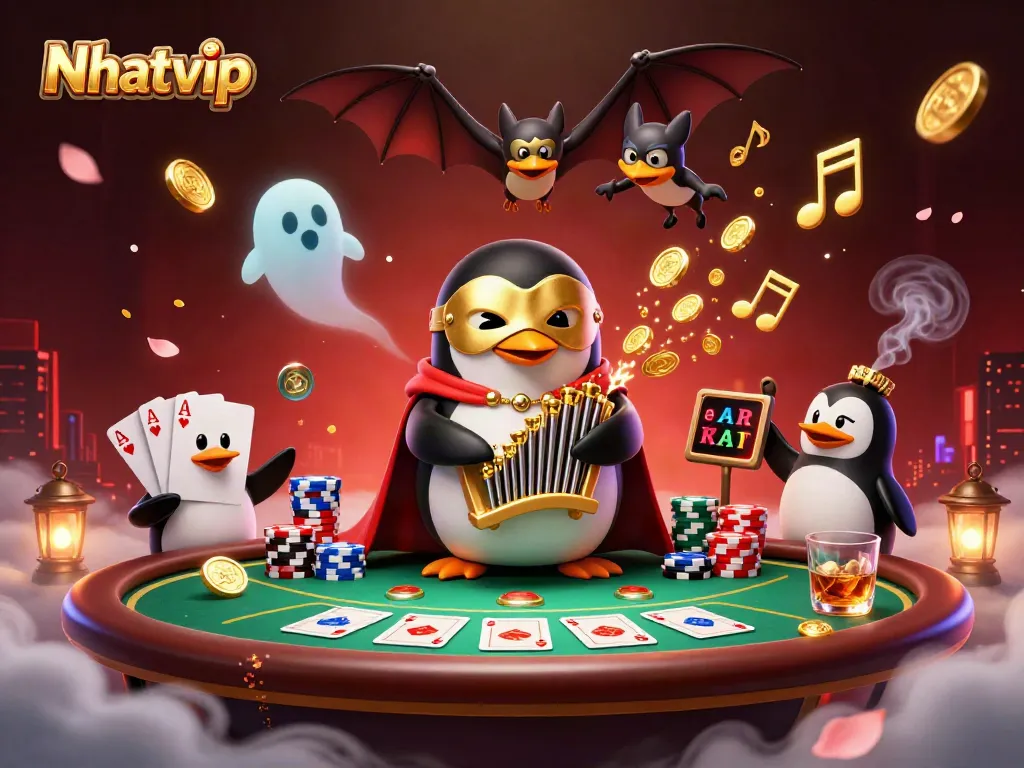Experience thrilling gameplay with Nhatvip featuring a fantastical penguin playing an organ amid a vibrant casino backdrop.