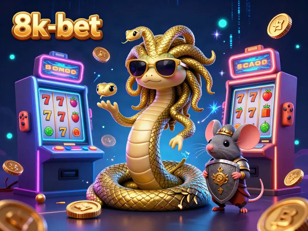 Experience the vibrant world of 8k-bet with Medusa and a warrior mouse in a lively casino scene.