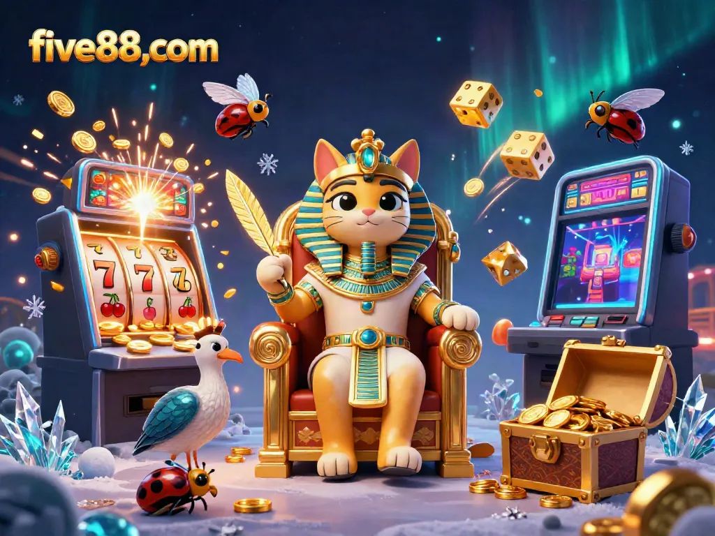 Experience the thrill of five88,com with this vibrant jackpot illustration featuring a pharaoh cat and casino elements.