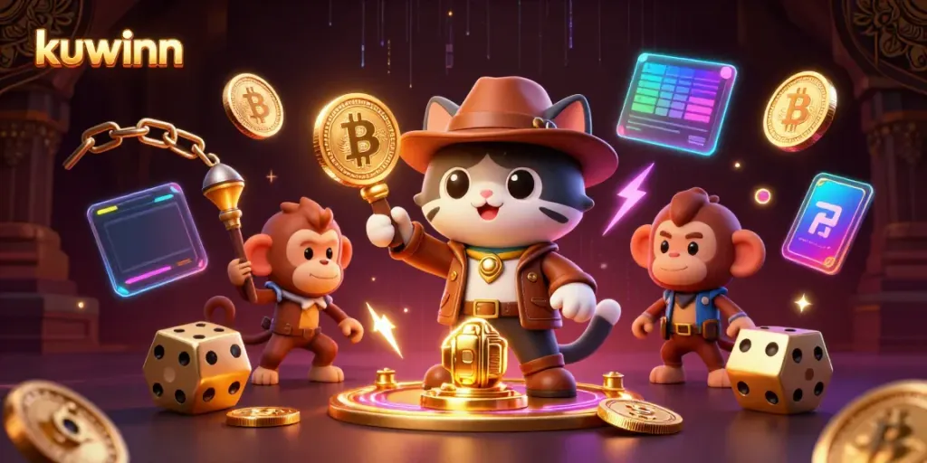 Kuwinn engages players with a dynamic scene featuring a cat archaeologist competing in casino challenges