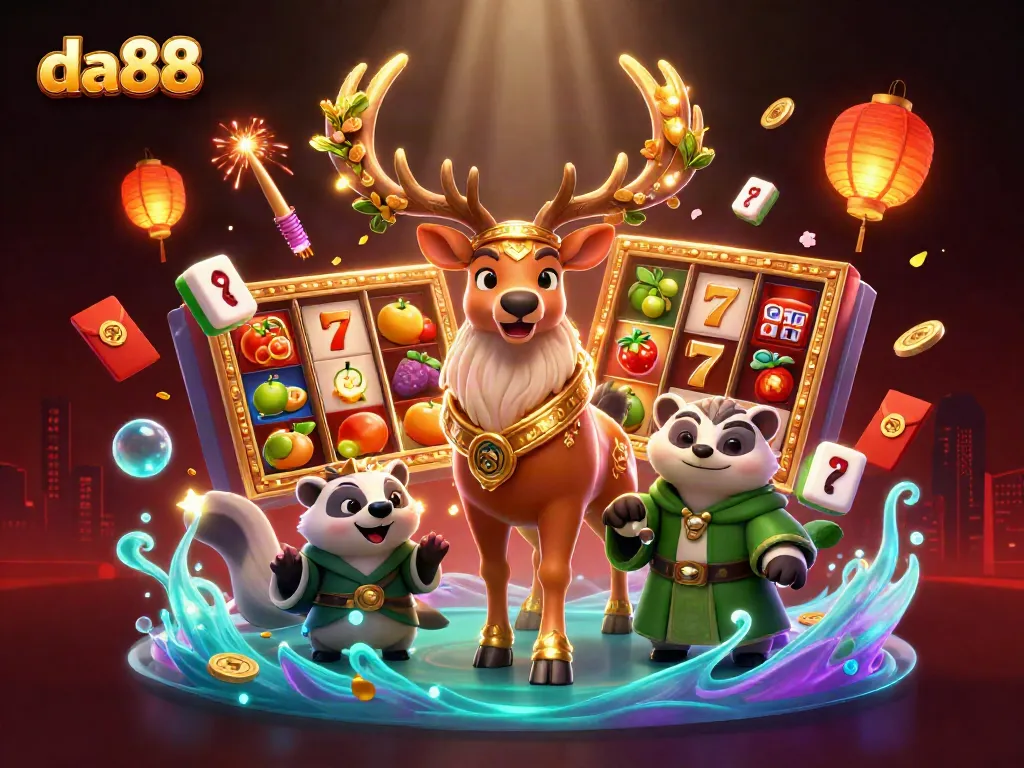 Experience excitement with da88 in a vibrant, packed casino scene featuring magical elements and winnings.