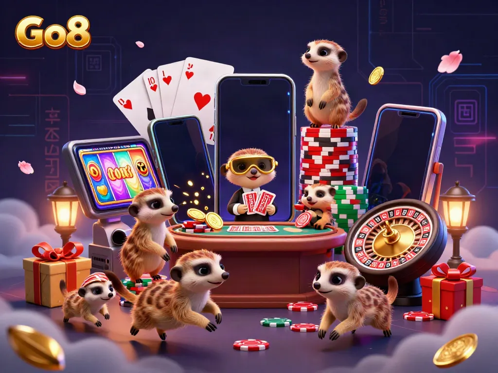 Go8 meerkat cartoon characters engaging in casino games with vibrant elements and rich visuals.