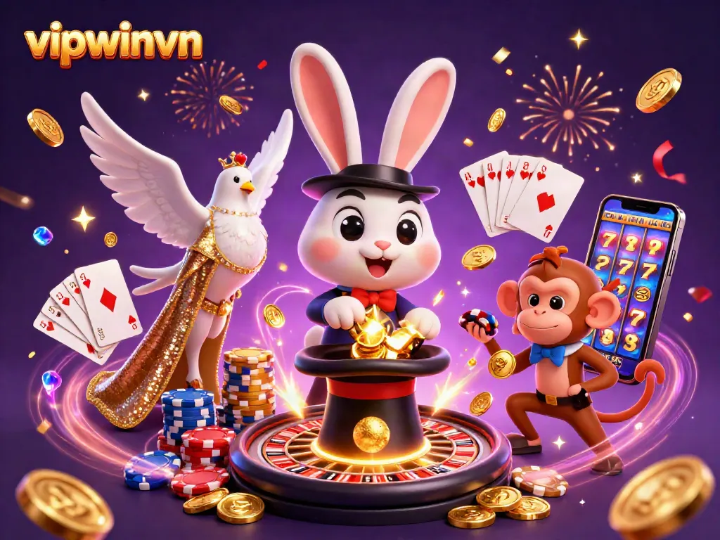 Experience exciting casino moments with vipwinvn's 3D illustration of magician rabbit, poker chips, and vibrant elements.