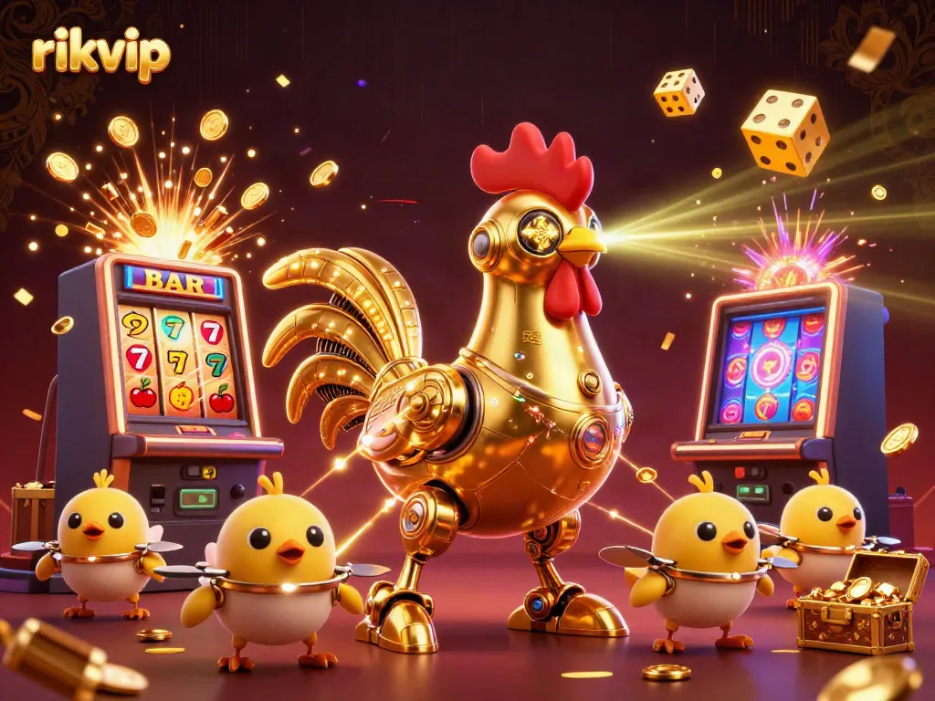 Engage with the thrilling world of rikvip, featuring golden rooster robots, slot machines, and dynamic casino game elements.