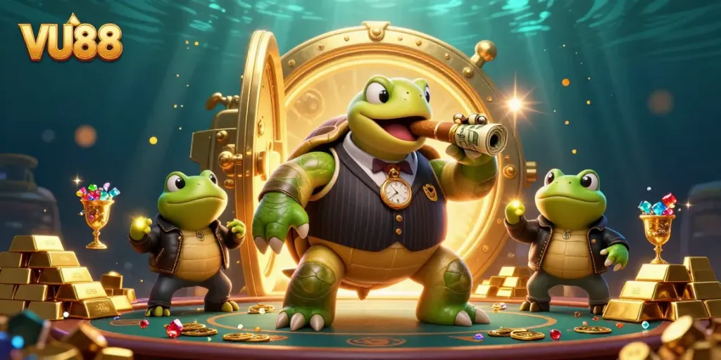 Experience the excitement of VU88 with a vibrant, dynamic casino illustration showcasing a snapping turtle in a mobster suit.