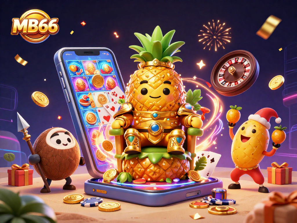 Engage in thrilling wins with MB66 as the golden pineapple king rules the vibrant casino kingdom.