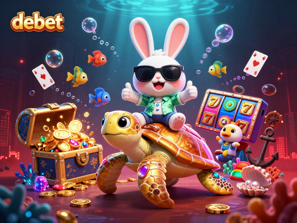 Engage with the debet casino experience featuring 3D characters enjoying underwater treasures and lucky symbols.