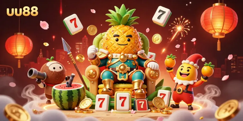 Experience the vibrant world of uu88 with a golden pineapple king and dynamic casino elements.
