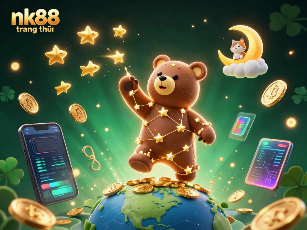 Engage with exciting games at nk88 trang chủ, featuring a vibrant scene of dynamic stars and crypto elements.