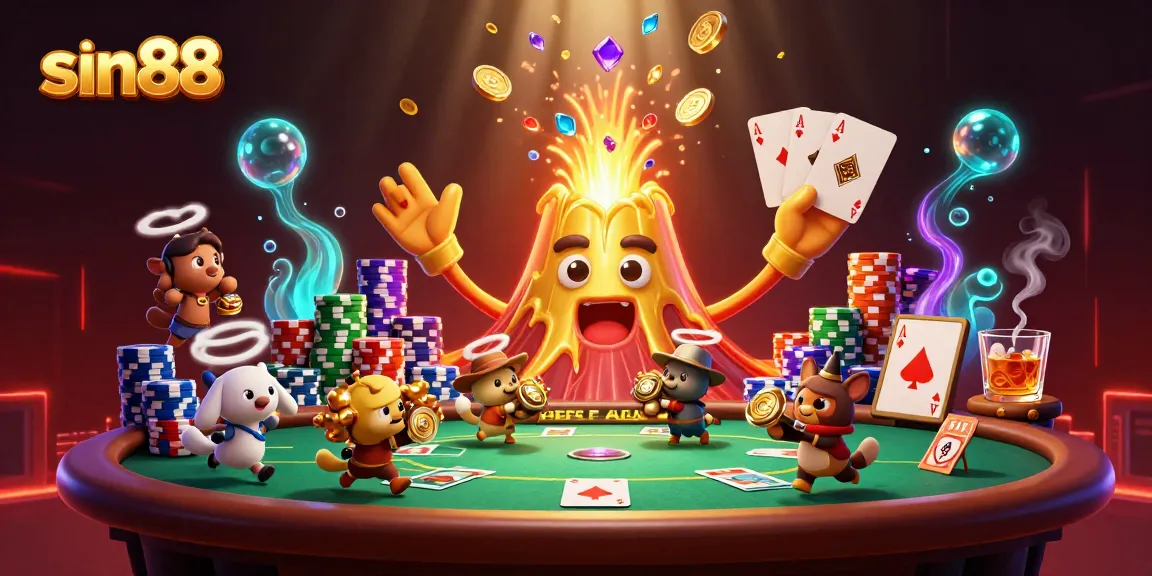 Sin88 volcano bursting with treasure and poker elements in a dynamic casino atmosphere