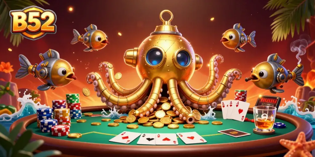 Experience the thrill of B52 gaming with a vibrant 3D kraken submarine surrounded by poker elements.