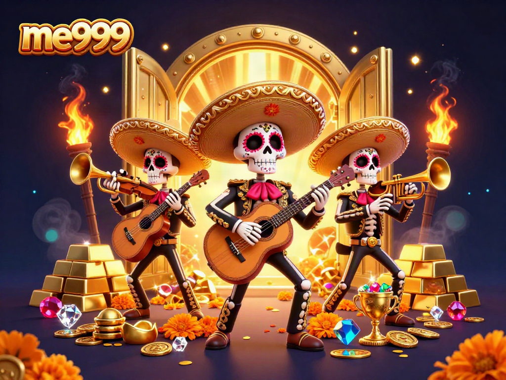 Experience exciting me999 casino action with a vibrant Dia de los Muertos mariachi band illustrating jackpot treasures.