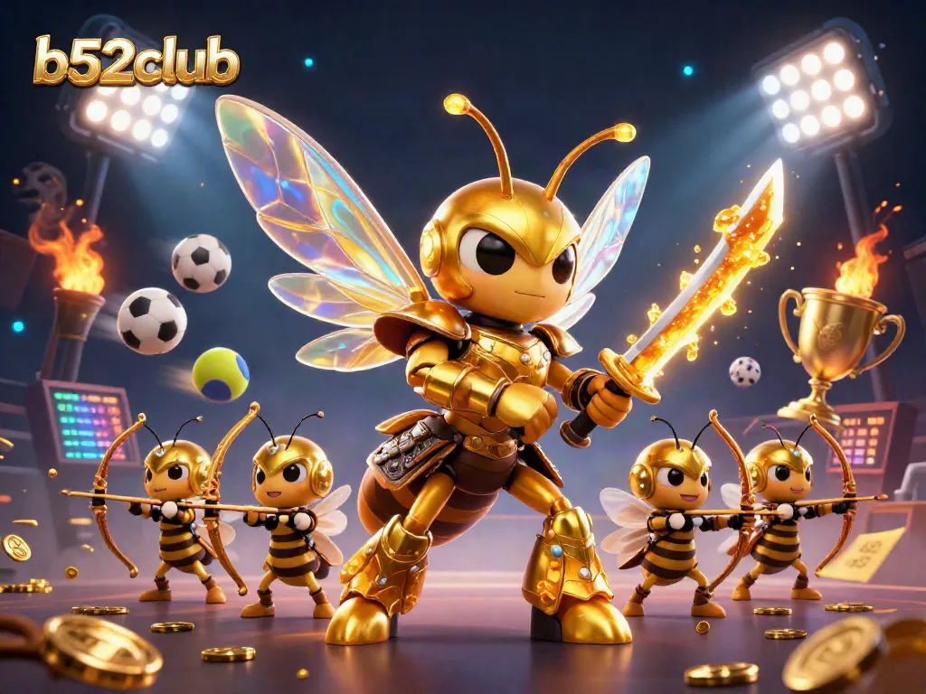 Experience big wins at b52club with our vibrant casino-themed illustration showcasing animated characters and sports elements.