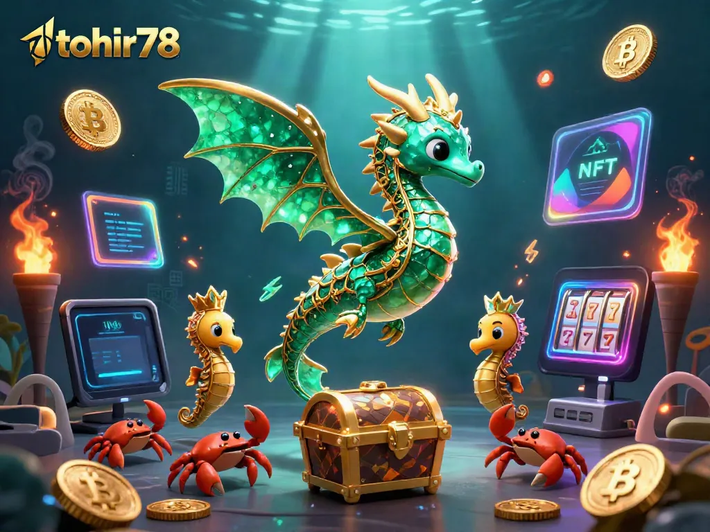 Engage with tohir78's dazzling underwater casino realm featuring a regal sea dragon and vibrant crypto elements.