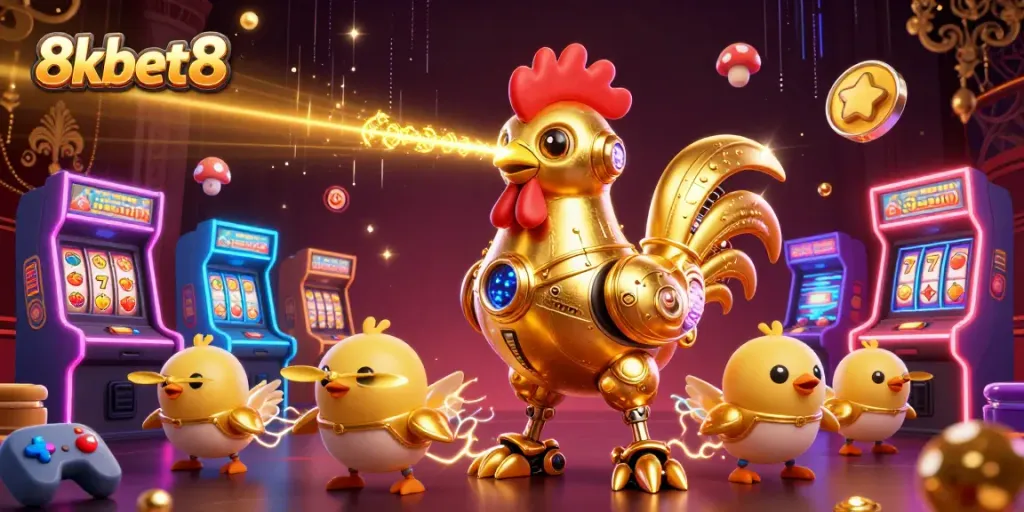 Experience thrilling gameplay at 8xbet8 with the dynamic golden rooster robot in a vibrant casino scene.