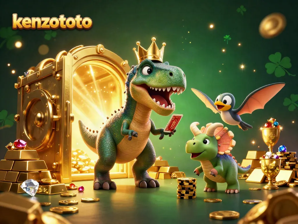 Play and win big at kenzototo with a playful T-Rex, gems, and golden riches.