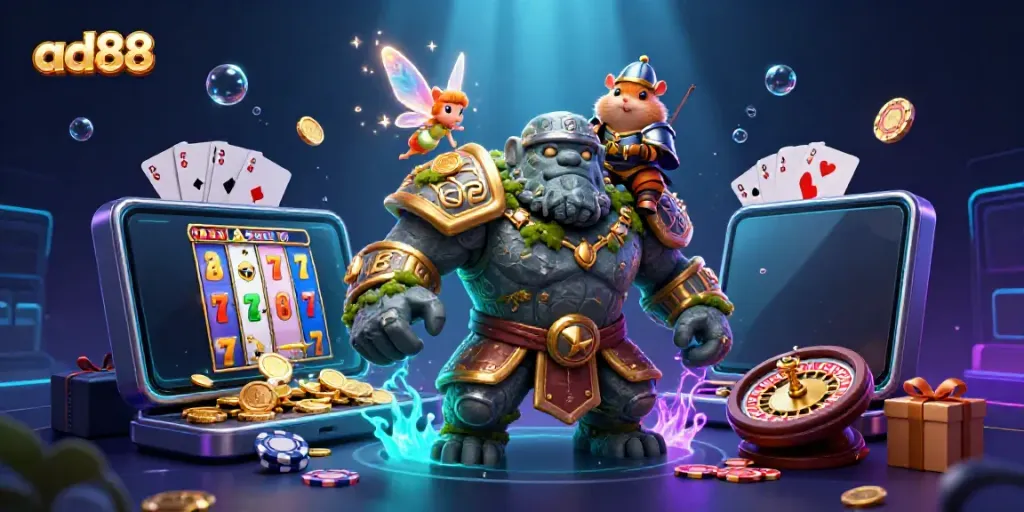 Engage in thrilling online gaming at ad88, where a golem guardian and fairy unfold colorful slot games.